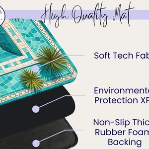 May include: A high-quality mat with a turquoise mosaic pool design and palm tree accents. Features include Soft Tech Fabric, Environmental Protection XPE, and Non-Slip Thick Rubber Foam Backing. The mat has the text "High Quality Mat".
