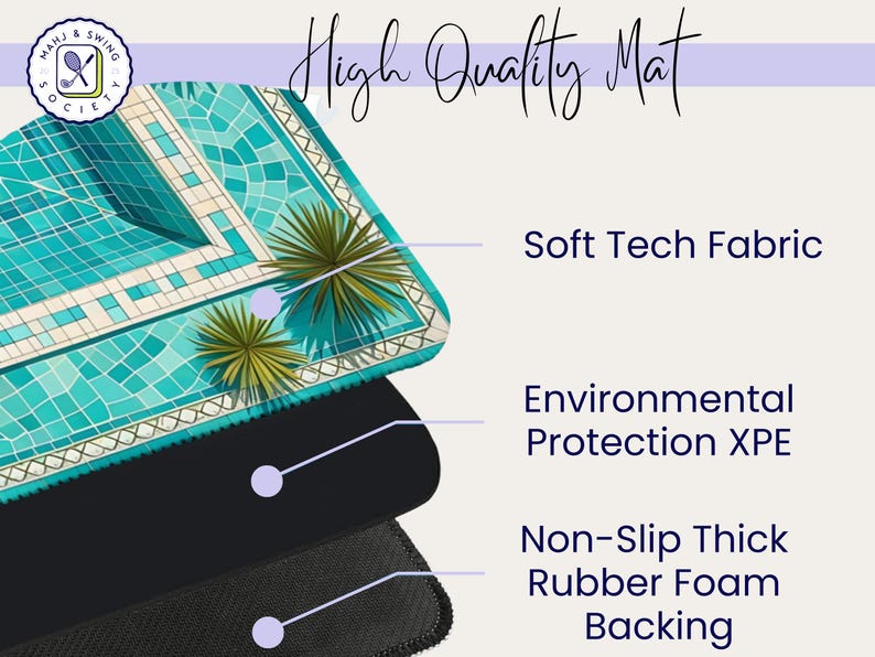May include: A high-quality mat with a turquoise mosaic pool design and palm tree accents. Features include Soft Tech Fabric, Environmental Protection XPE, and Non-Slip Thick Rubber Foam Backing. The mat has the text "High Quality Mat".