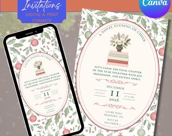 Book Club Holiday Party Invitation | Cozy Christmas Invite | Editable Canva Template | Digital & Printed Holiday Book Club Gathering
