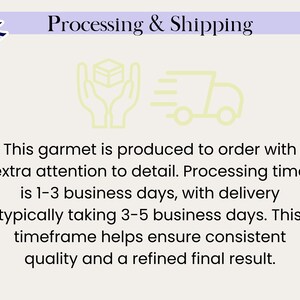 May include: A light-coloured informational graphic with a purple header bar containing the text Processing & Shipping. It features a logo, a line-art icon of hands holding a box, and a delivery truck icon, followed by text regarding production.