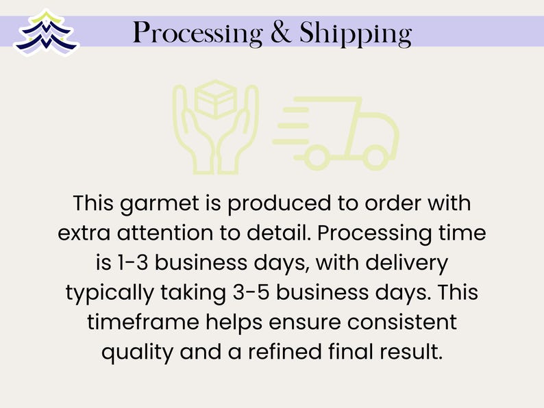 May include: A light-coloured informational graphic with a purple header bar containing the text Processing & Shipping. It features a logo, a line-art icon of hands holding a box, and a delivery truck icon, followed by text regarding production.