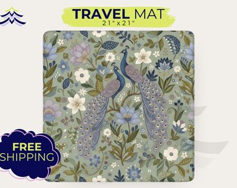 Travel Mahjong Mat, Peacock Chinoiserie Mahjong Table Mat, Preppy Floral Mahjong Playing Mat, Non Slip 21x21 Mat