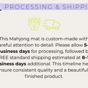 Pu&ograve; includere: L'immagine mostra il testo "PROCESSING & SHIPPING" sopra una descrizione di un tappetino Mahjong realizzato su misura. Il testo menziona i tempi di elaborazione e le stime di spedizione standard.