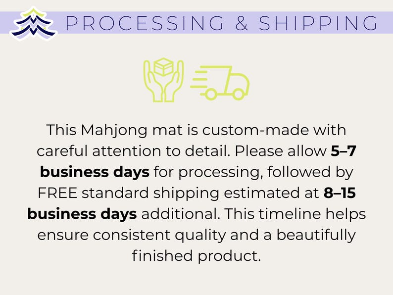 Pu&ograve; includere: L'immagine mostra il testo "PROCESSING & SHIPPING" sopra una descrizione di un tappetino Mahjong realizzato su misura. Il testo menziona i tempi di elaborazione e le stime di spedizione standard.