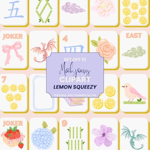 May include: A collection of Mahjong clipart tiles with various illustrations, including dragons, flowers, and fruit. The tiles feature numbers, Chinese characters, and the word "Joker". The image includes the text "Mahjong Clipart Lemon Squeezy".