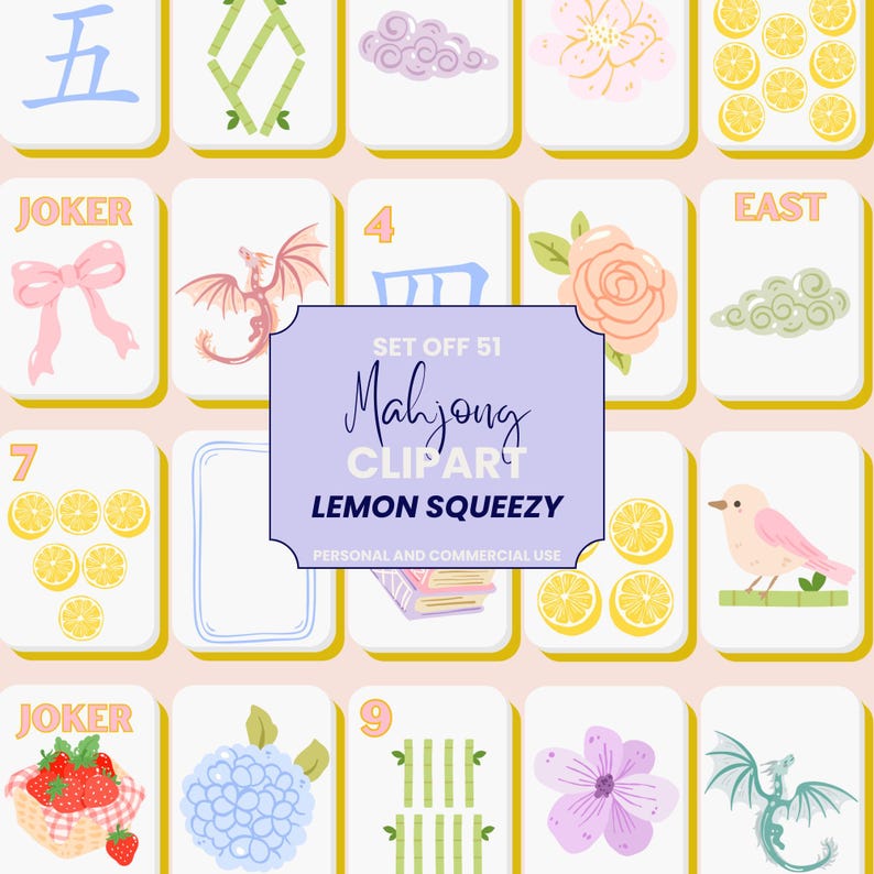 May include: A collection of Mahjong clipart tiles with various illustrations, including dragons, flowers, and fruit. The tiles feature numbers, Chinese characters, and the word "Joker". The image includes the text "Mahjong Clipart Lemon Squeezy".