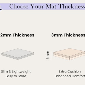 May include: A graphic comparing two mat thicknesses with the text Choose Your Mat Thickness. One option shows a 2mm thickness with a grey square, and the other shows a 3mm thickness with a beige square. Labels indicate 2mm Thickness and 3mm Thickness.