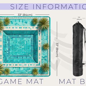 May include: A square game mat featuring a turquoise tiled pool design with palm accents, measuring 33 inches by 33 inches, alongside a black cylindrical mat bag measuring 7.9 inches in diameter and 37.4 inches in height, labeled SIZE INFORMATION.
