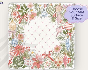 Christmas Mahjong Mat, Vintage Holiday Mah Jongg Table Mat, Pink Green Watercolor Ornament Design, Non Slip American Mahjong Gift