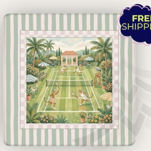 May include: Square decorative tray with a tennis court scene featuring animal characters playing tennis. The tray has a green and white striped border and a Free Shipping label in the upper right corner.