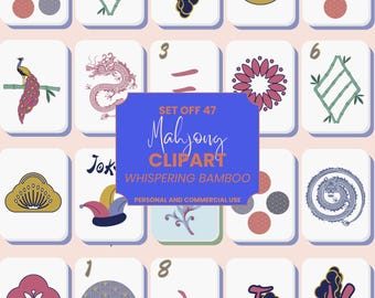 May include: A collection of 47 Mahjong clipart tiles with various designs, including a peacock, dragon, and floral patterns. The tiles are white with colorful illustrations and text. A blue rectangle in the center reads "Mahjong Clipart".