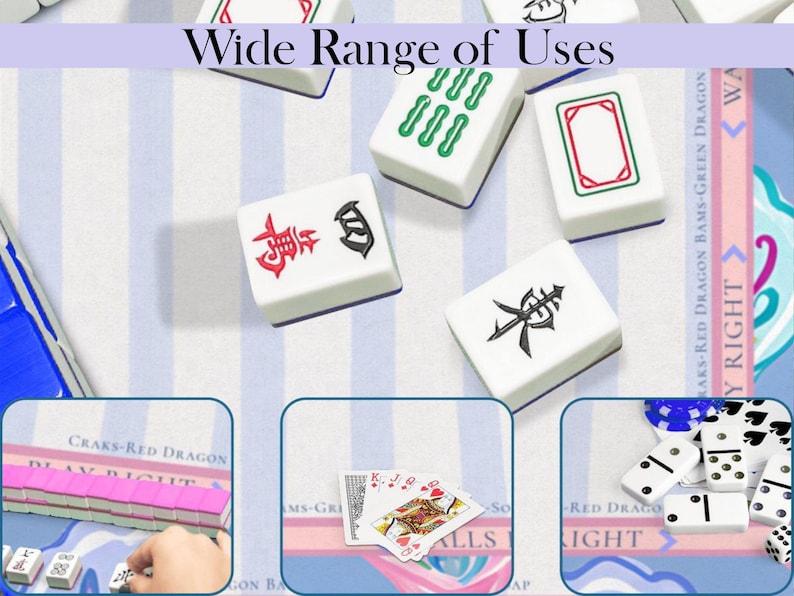 Puede incluir: Azulejos de Mahjong blancos con s&iacute;mbolos rojos, verdes y negros sobre un fondo a rayas. La imagen incluye el texto "Wide Range of Uses" y ejemplos de otros juegos como domin&oacute; y naipes.