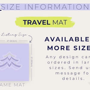 May include: A light purple game mat with a tree design, measuring 21 inches (53.3cm) square. The text "TRAVEL MAT" is displayed above the mat. The image also states that the design is available in more sizes. The text "GAME MAT" is at the bottom.