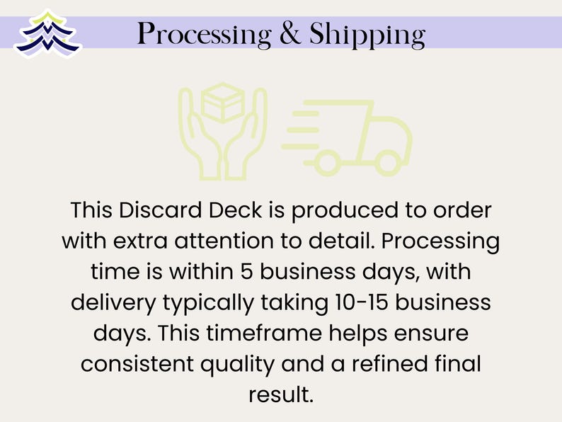 May include: A light beige graphic with the text "Processing & Shipping". The image includes a stylized Christmas tree, hands holding a box, and a delivery truck. Text states the product is made to order.