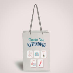 May include: A white gift bag with gray rope handles. The bag features the text "Thanks For ATTENDING" in teal and navy blue. Below are five small illustrations of a dragon, car, champagne bottle, gifts, and a parasol.