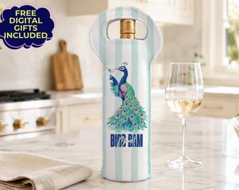 Mahjong Wine Bottle Tote, Bird Bam Cheers Wine Bag, Mahjong Gift for Women, Peacock Wine Holder, Girls Game Night Hostess Gift