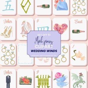 以下が含まれることがあります： 結婚をテーマにした、イラスト入りの麻雀牌のコレクション。指輪、シャンパンボトル、フラワーアレンジメントなど、さまざまな画像が描かれています。中央の牌には「Mahjong Clipart Wedding Winds」と書かれています。