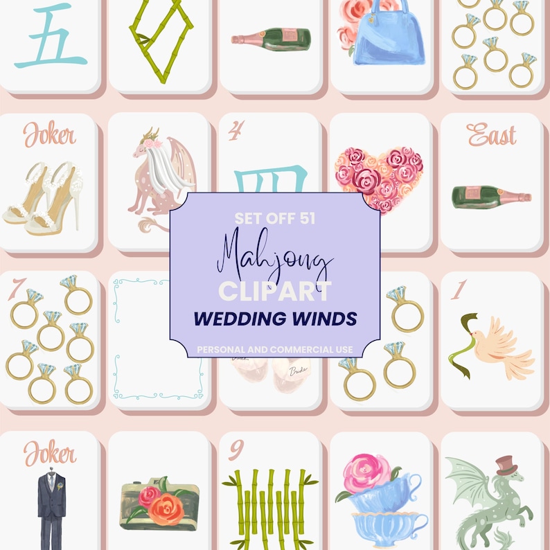 May include: A collection of illustrated Mahjong tiles with a wedding theme. The tiles feature various images, including rings, champagne bottles, and floral arrangements. The central tile reads "Mahjong Clipart Wedding Winds."