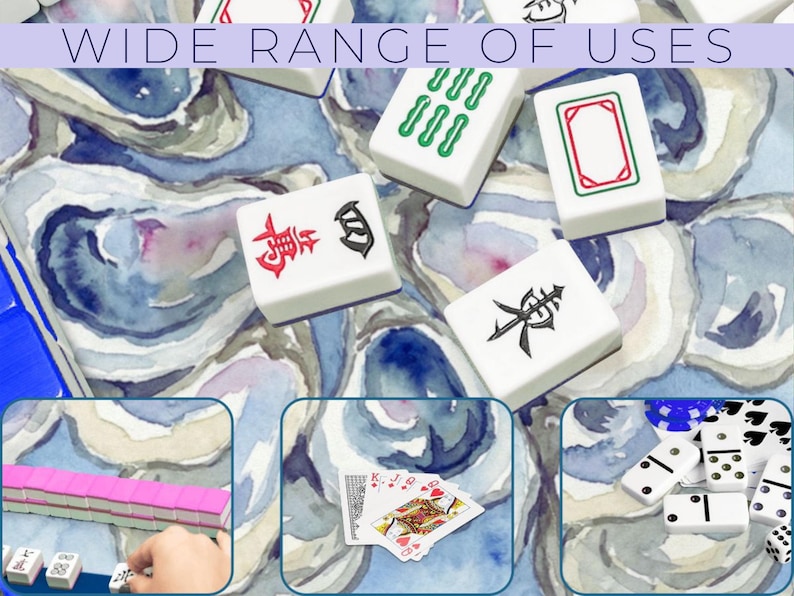 May include: White Mahjong tiles with red, green, and black symbols are scattered on a blue and white watercolor background. The image includes the text "WIDE RANGE OF USES" at the top. Additional images show playing cards, dominoes, and more Mahjong tiles.
