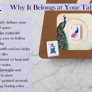 May include: A close-up of a Mahjong game set. The set includes tiles with peacock and floral designs, and the text "Why It Belongs at Your Table". The tiles are displayed on a brown surface.