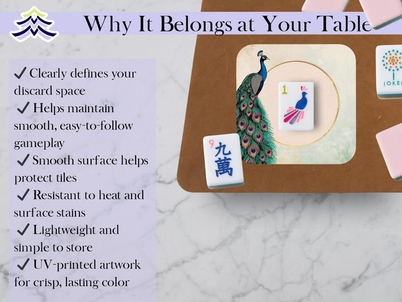May include: A close-up of a Mahjong game set. The set includes tiles with peacock and floral designs, and the text "Why It Belongs at Your Table". The tiles are displayed on a brown surface.