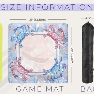 May include: A square game mat with a crab design, measuring 21 inches (53.3cm) on each side, and a black carrying bag. The mat features blue and pink crabs on a light blue background. The bag is 25.2 inches long.