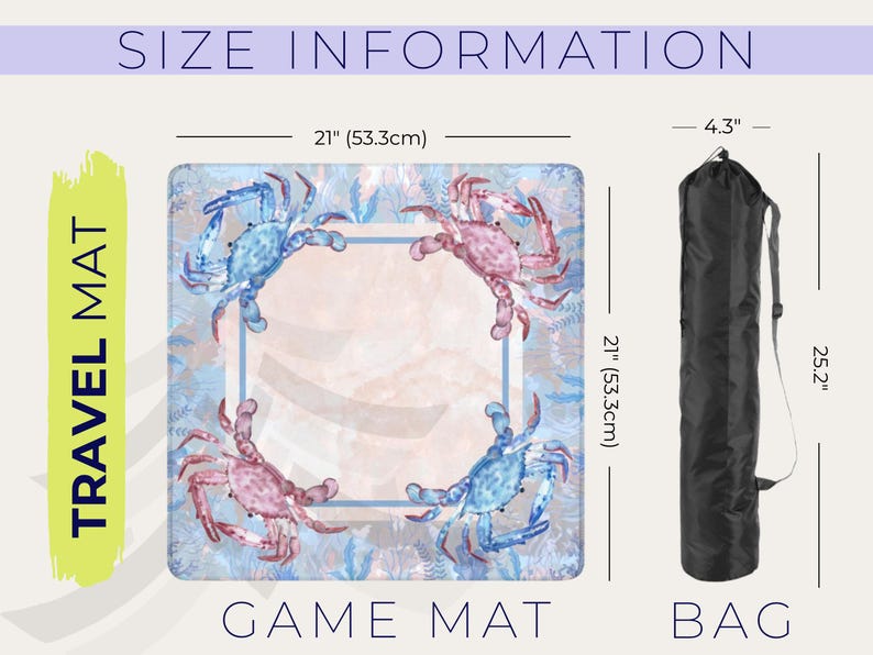 May include: A square game mat with a crab design, measuring 21 inches (53.3cm) on each side, and a black carrying bag. The mat features blue and pink crabs on a light blue background. The bag is 25.2 inches long.