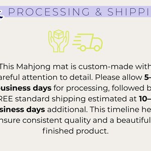 May include: The image displays text about processing and shipping for a custom-made Mahjong mat. The text includes information about processing time and standard shipping estimates. A logo of a Christmas tree is at the top left.