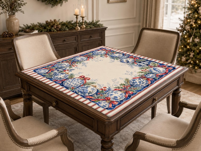 May include: A square tablecloth featuring a cream-coloured centre and a decorative border. The border displays blue and white patterned ornaments, green pine branches, red berries, and red ribbons, finished with a red and white striped edge.