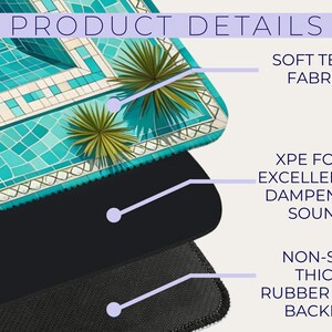 May include: A multi-layered product diagram labeled PRODUCT DETAILS. The top layer features a turquoise swimming pool graphic with palm trees. Middle layer is black XPE foam for sound dampening. Bottom layer is a non-slip thick rubber foam backing.