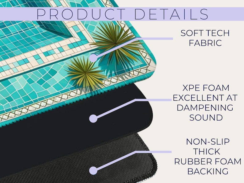 May include: A multi-layered product diagram labeled PRODUCT DETAILS. The top layer features a turquoise swimming pool graphic with palm trees. Middle layer is black XPE foam for sound dampening. Bottom layer is a non-slip thick rubber foam backing.