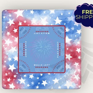 May include: A square, patriotic-themed item with a red, white, and blue watercolor background and white stars. A central blue square features a firework design and text. The item has text that reads "Charleston", "Play Right Dragons", and "Walls Left Dragons".