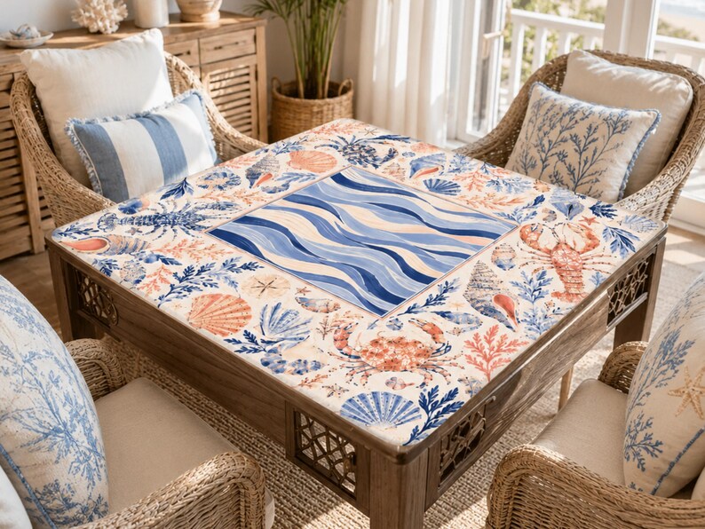 Pu&ograve; includere: Un tavolino quadrato in legno con un piano a mosaico con un design di vita marina. La superficie del tavolo presenta un motivo centrale di onde blu, circondato da illustrazioni di conchiglie, granchi e coralli nei toni del blu, arancione e bianco. Sedie in vimini con cuscini coordinati circondano il tavolo.