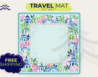 Travel Sized Chinoiserie Mahjong Mat, Blue Pagoda Floral Mahjong, Not Neoprene, Non Slip Backing, Preppy Mahjong Mat