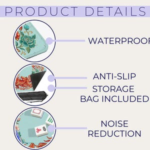K&ouml;nnte beinhalten: Bild mit Produktdetails und dem Text "PRODUCT DETAILS". Zu den Merkmalen geh&ouml;ren wasserdicht, rutschfest, Aufbewahrungstasche enthalten und Ger&auml;uschreduzierung. Das Produkt hat ein florales Design mit hellblauem Hintergrund.