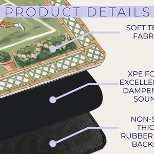 May include: A layered product with a tennis court design. The top layer is soft tech fabric, followed by XPE foam for sound dampening, and a non-slip thick rubber foam backing. The text "PRODUCT DETAILS" is visible.