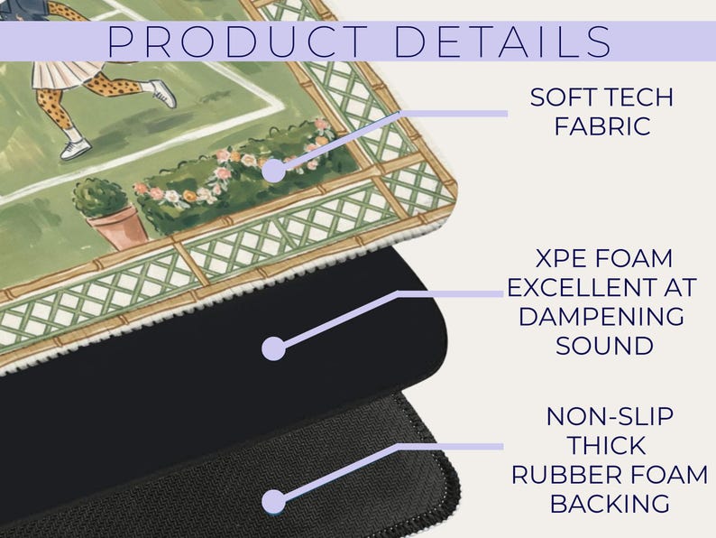 May include: A layered product with a tennis court design. The top layer is soft tech fabric, followed by XPE foam for sound dampening, and a non-slip thick rubber foam backing. The text "PRODUCT DETAILS" is visible.