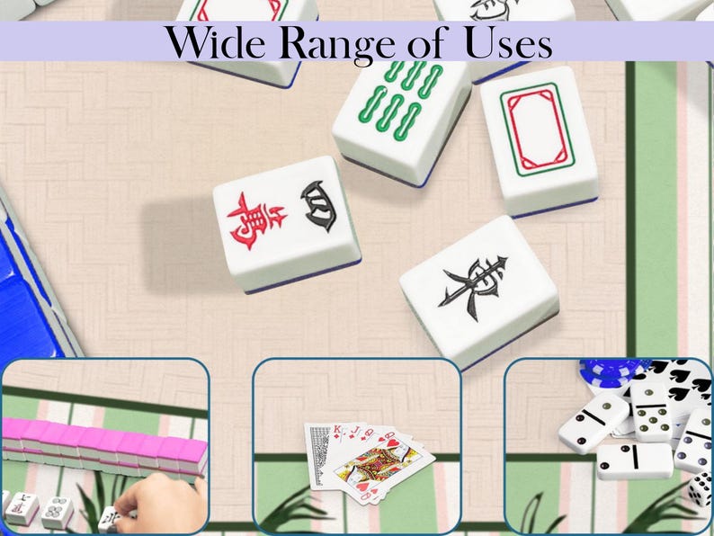 K&ouml;nnte beinhalten: Wei&szlig;e Mahjong-Steine mit roten, gr&uuml;nen und schwarzen Symbolen liegen auf einer beigen Oberfl&auml;che. Der Text "Wide Range of Uses" ist zu sehen. Das Bild enth&auml;lt auch Spielkarten, Dominosteine und andere Mahjong-Steine.
