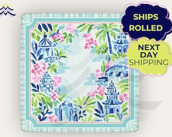 Chinoiserie Mahjong Mat Ships Next Day Rolled, Tropical Pagoda Floral Game Mat, Palm Beach Preppy Mahjong Table Mat
