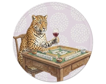 Leopard Wine Coaster Set, Mahjong Playing Leopard PU Leather Coasters, Funny Animal Drink Coasters
