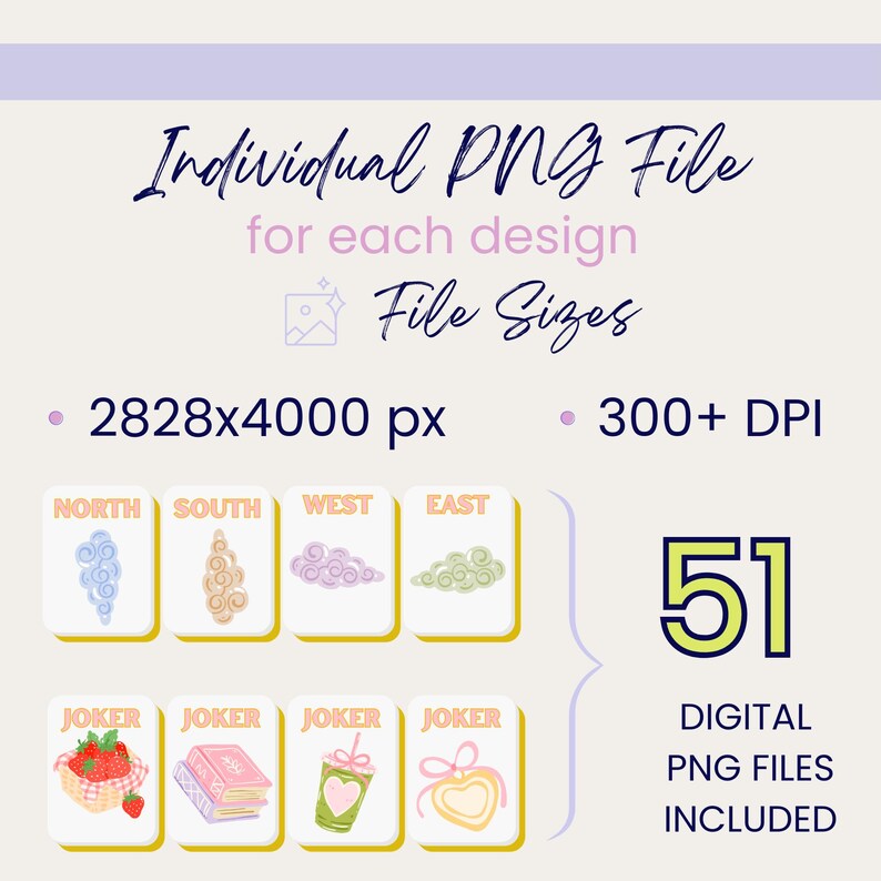 May include: Digital PNG file set with 51 designs. The image includes various illustrations of clouds, strawberries, books, and hearts. The text reads "Individual PNG File for each design" and "Digital PNG Files Included."