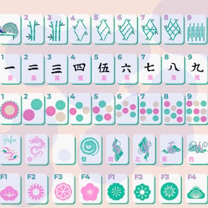 May include: A collection of Mahjong tiles with various symbols and numbers. The tiles feature bamboo, dots, and Chinese characters. The color palette includes green, pink, and white. Some tiles have floral designs and the word "Joker".
