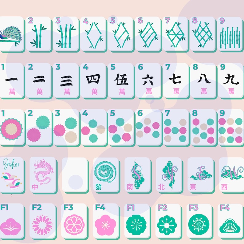 May include: A collection of Mahjong tiles with various symbols and numbers. The tiles feature bamboo, dots, and Chinese characters. The color palette includes green, pink, and white. Some tiles have floral designs and the word "Joker".