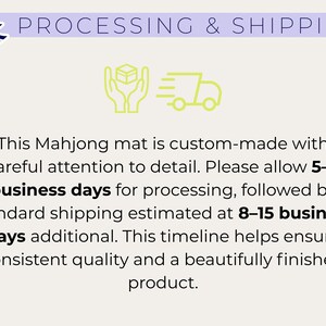 May include: Text on a light background reads "PROCESSING & SHIPPING." Below, it states a Mahjong mat is custom-made with careful attention to detail. The text also mentions processing and shipping times.