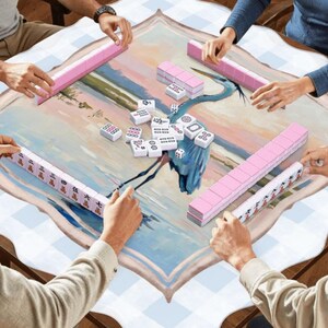 Scalloped Crane Mahjong Mat | Blue Heron Mahjong Playing Mat | Coastal Mahjong Table Mat | Non Slip Mahjong Mat bild 7