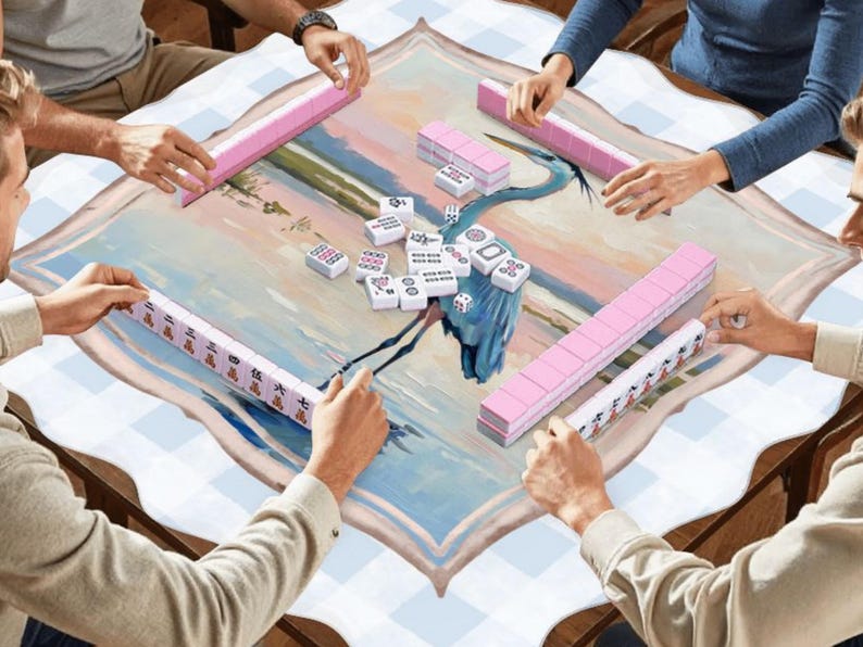 Scalloped Crane Mahjong Mat | Blue Heron Mahjong Playing Mat | Coastal Mahjong Table Mat | Non Slip Mahjong Mat bild 7
