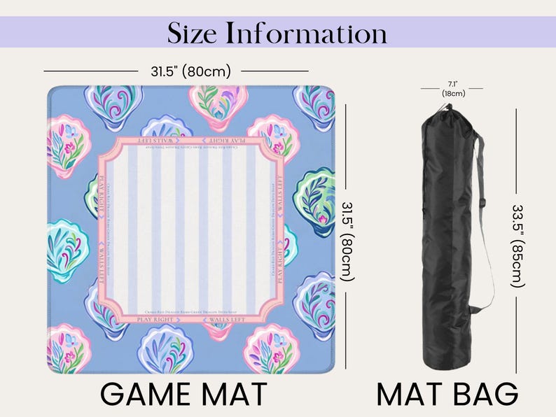 Puede incluir: Una alfombra de juego azul con un patr&oacute;n de conchas marinas, de 80 cm cuadrados, y una bolsa de alfombra negra, de 85 cm de largo. La alfombra tiene un &aacute;rea central con rayas verticales y el texto "PLAY RIGHT".