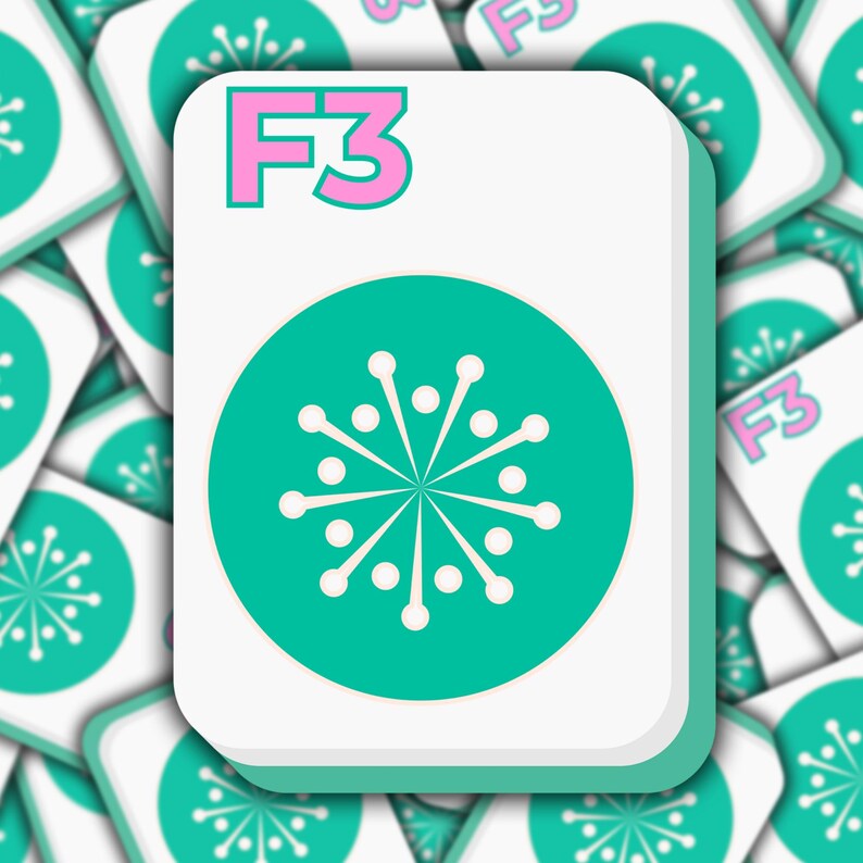 May include: A white card with rounded corners featuring a teal circle with a white snowflake design. The card also has the text "F3" in pink. The background is filled with similar cards.