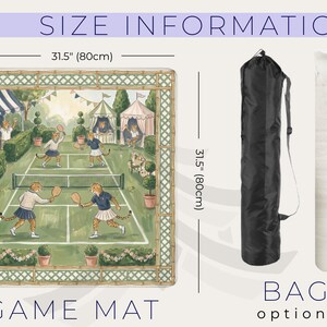 May include: A game mat with a tennis court scene, featuring cheetahs playing tennis. The mat is 31.5 inches (80cm) square, with a bamboo-style border. A black bag and a white rolled item are shown as options. The text "GAME MAT" is at the bottom.