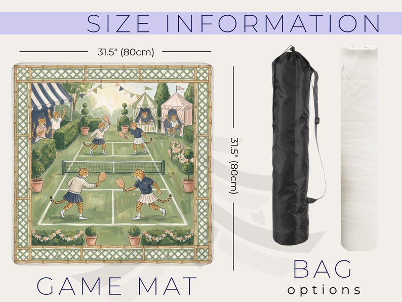 May include: A game mat with a tennis court scene, featuring cheetahs playing tennis. The mat is 31.5 inches (80cm) square, with a bamboo-style border. A black bag and a white rolled item are shown as options. The text "GAME MAT" is at the bottom.